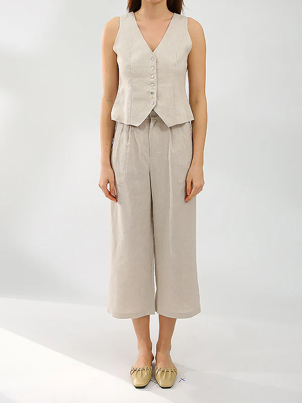 Solid Color  Sleeveless Buttoned Deep V-Neck Vest Top + Pleated Straight Leg Pants Bottom Two Pieces Set - Image 10
