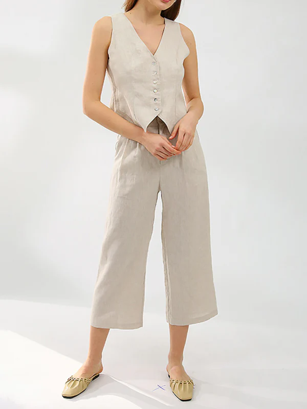 Solid Color  Sleeveless Buttoned Deep V-Neck Vest Top + Pleated Straight Leg Pants Bottom Two Pieces Set - Image 11