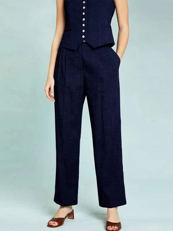Solid Color  Sleeveless Buttoned Deep V-Neck Vest Top + Pleated Straight Leg Pants Bottom Two Pieces Set - Image 12