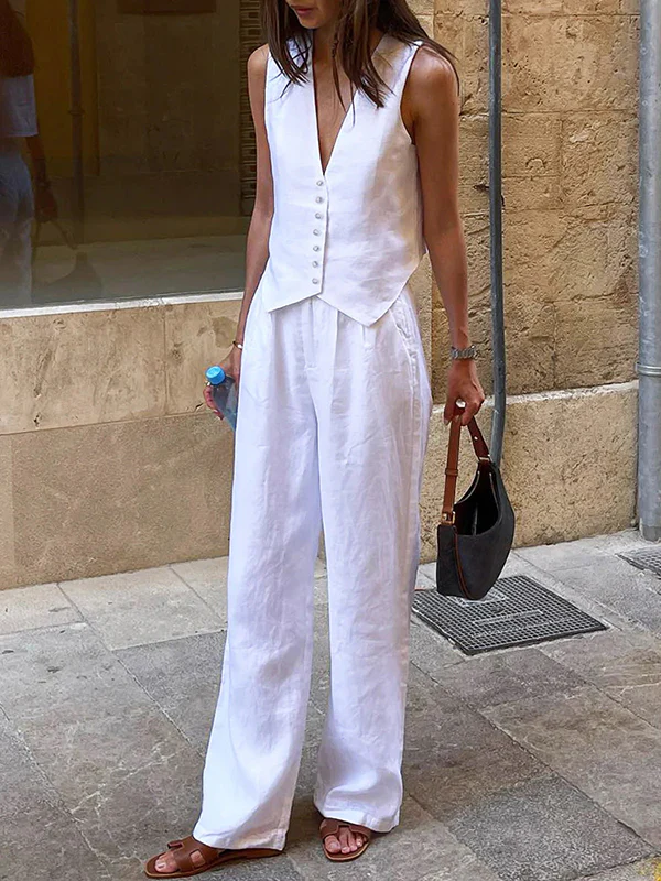 Solid Color  Sleeveless Buttoned Deep V-Neck Vest Top + Pleated Straight Leg Pants Bottom Two Pieces Set - Image 3
