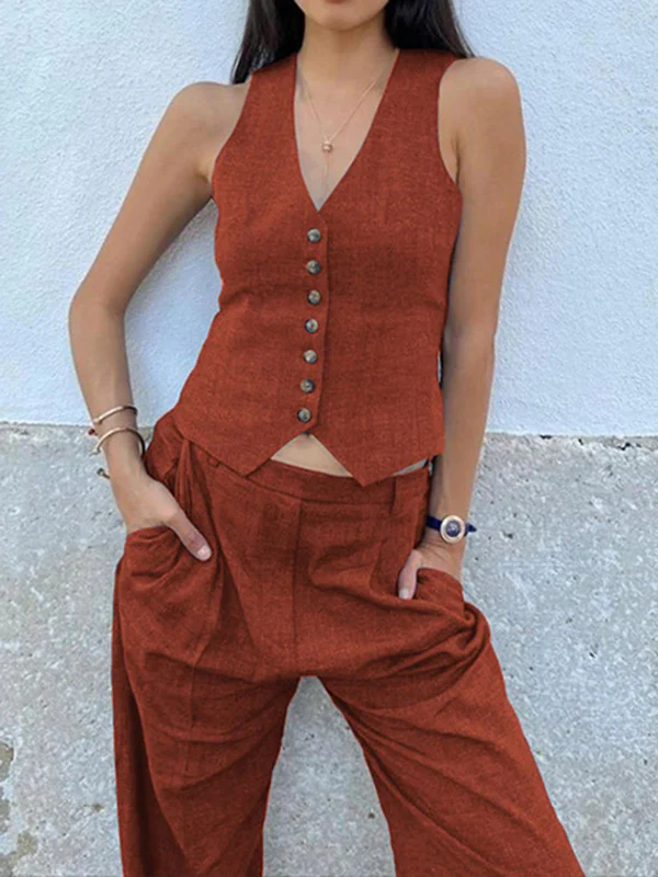 Solid Color  Sleeveless Buttoned Deep V-Neck Vest Top + Pleated Straight Leg Pants Bottom Two Pieces Set - Image 7