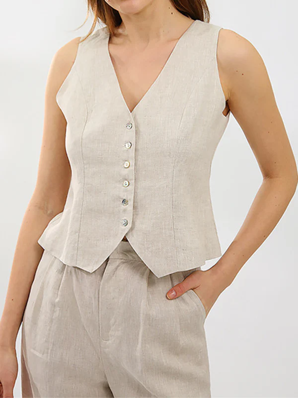 Solid Color  Sleeveless Buttoned Deep V-Neck Vest Top + Pleated Straight Leg Pants Bottom Two Pieces Set - Image 8