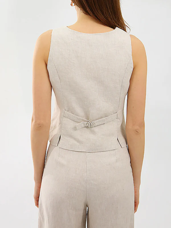 Solid Color  Sleeveless Buttoned Deep V-Neck Vest Top + Pleated Straight Leg Pants Bottom Two Pieces Set - Image 9