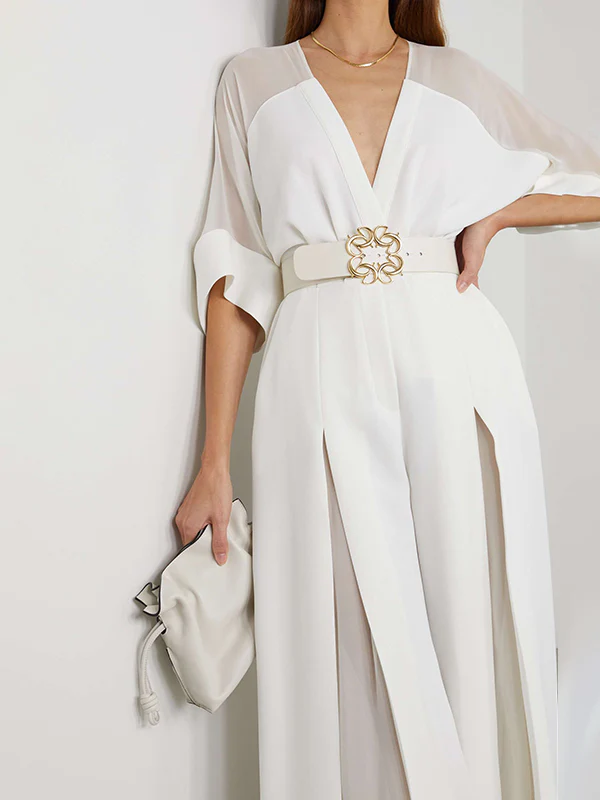Solid Color Split-Front Contrast Color Tied Waist High Waisted V-Neck Jumpsuits - Image 2