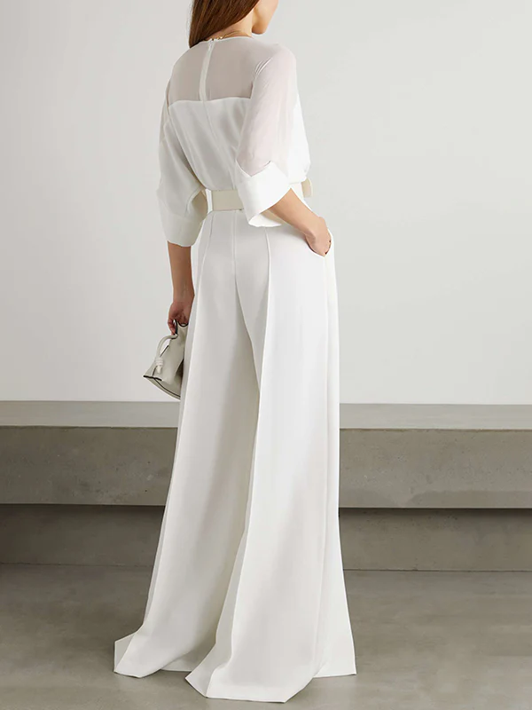 Solid Color Split-Front Contrast Color Tied Waist High Waisted V-Neck Jumpsuits - Image 3