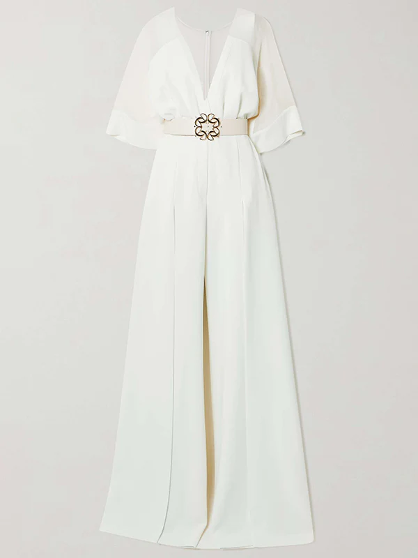 Solid Color Split-Front Contrast Color Tied Waist High Waisted V-Neck Jumpsuits - Image 4