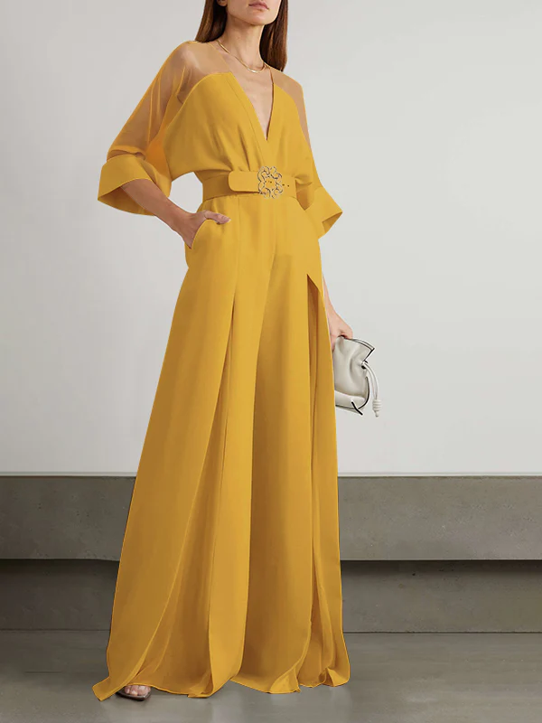 Solid Color Split-Front Contrast Color Tied Waist High Waisted V-Neck Jumpsuits - Image 5