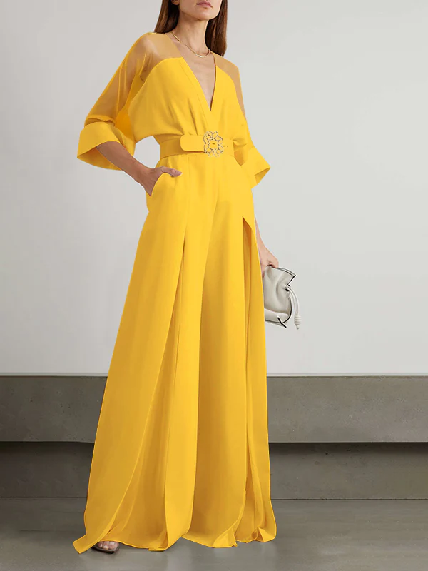 Solid Color Split-Front Contrast Color Tied Waist High Waisted V-Neck Jumpsuits - Image 6