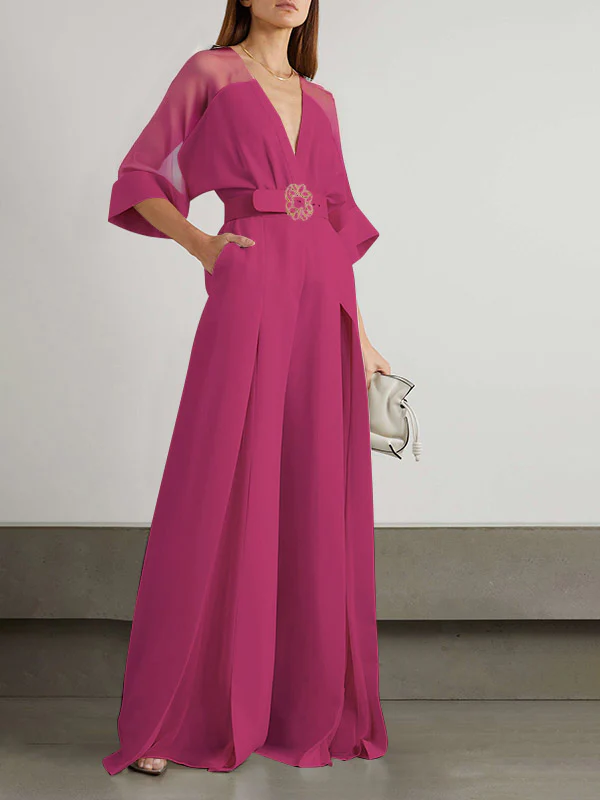 Solid Color Split-Front Contrast Color Tied Waist High Waisted V-Neck Jumpsuits - Image 7