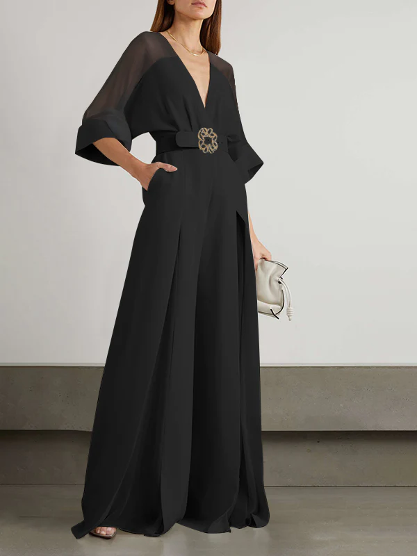 Solid Color Split-Front Contrast Color Tied Waist High Waisted V-Neck Jumpsuits - Image 8