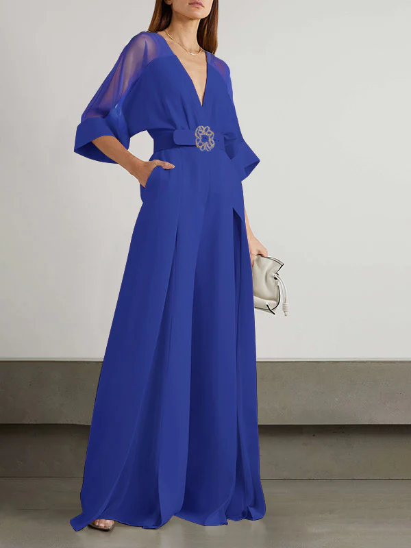 Solid Color Split-Front Contrast Color Tied Waist High Waisted V-Neck Jumpsuits - Image 9