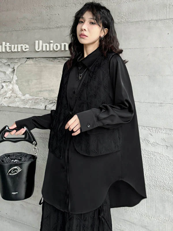 Solid Color Split-Joint Asymmetric Drawstring Flower Print   False Two Lapel Buttoned Pockets Blouses&Shirts Tops + Elasticated Waist Double Layered Skirts Bottoms Two Pieces Set - Image 10