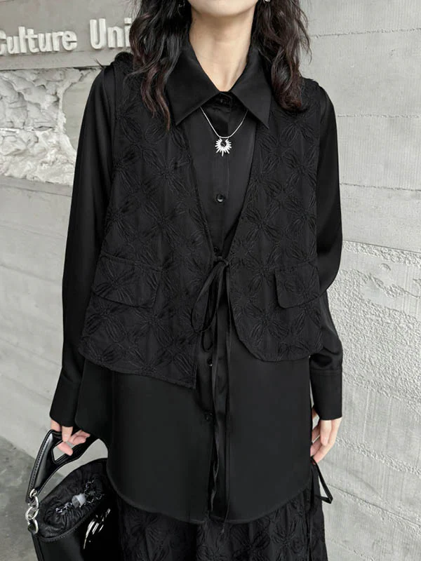 Solid Color Split-Joint Asymmetric Drawstring Flower Print   False Two Lapel Buttoned Pockets Blouses&Shirts Tops + Elasticated Waist Double Layered Skirts Bottoms Two Pieces Set - Image 11