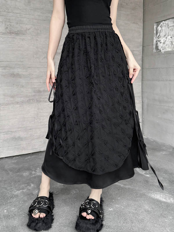 Solid Color Split-Joint Asymmetric Drawstring Flower Print   False Two Lapel Buttoned Pockets Blouses&Shirts Tops + Elasticated Waist Double Layered Skirts Bottoms Two Pieces Set - Image 12