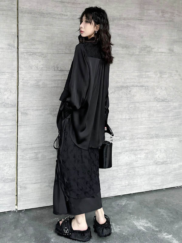 Solid Color Split-Joint Asymmetric Drawstring Flower Print   False Two Lapel Buttoned Pockets Blouses&Shirts Tops + Elasticated Waist Double Layered Skirts Bottoms Two Pieces Set - Image 14