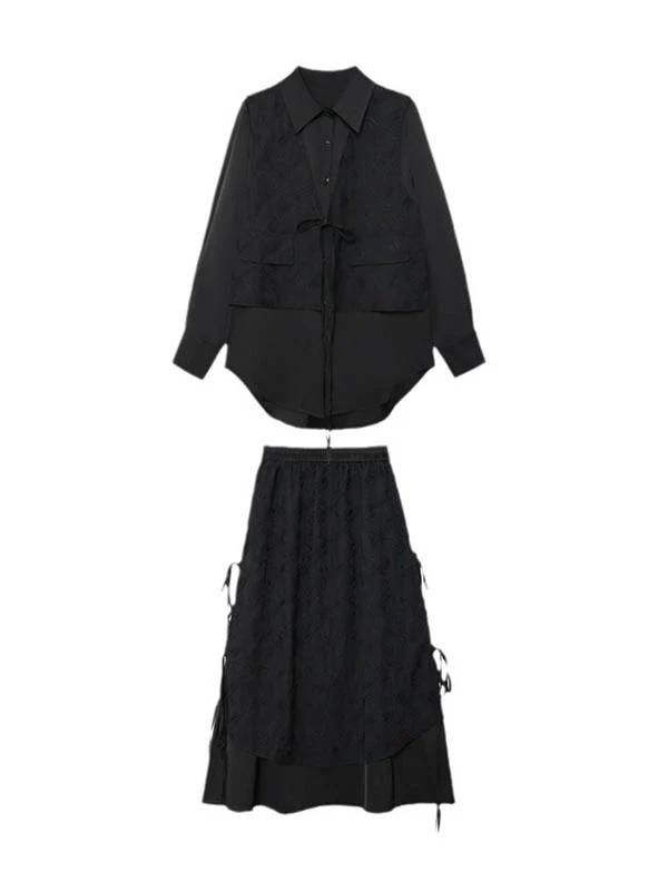 Solid Color Split-Joint Asymmetric Drawstring Flower Print   False Two Lapel Buttoned Pockets Blouses&Shirts Tops + Elasticated Waist Double Layered Skirts Bottoms Two Pieces Set - Image 15