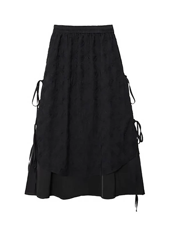 Solid Color Split-Joint Asymmetric Drawstring Flower Print   False Two Lapel Buttoned Pockets Blouses&Shirts Tops + Elasticated Waist Double Layered Skirts Bottoms Two Pieces Set - Image 16