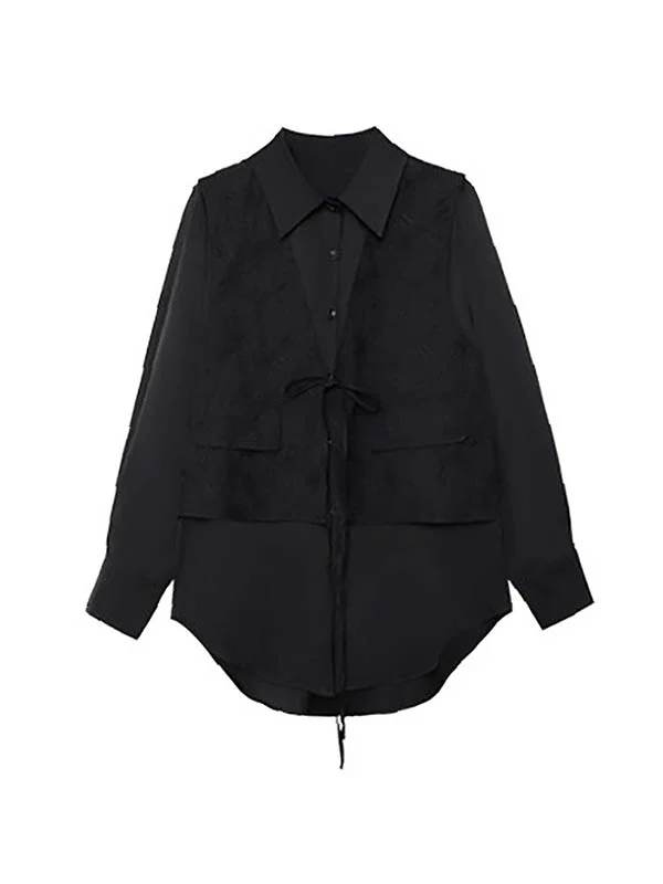 Solid Color Split-Joint Asymmetric Drawstring Flower Print   False Two Lapel Buttoned Pockets Blouses&Shirts Tops + Elasticated Waist Double Layered Skirts Bottoms Two Pieces Set - Image 17