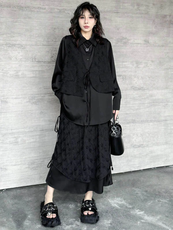 Solid Color Split-Joint Asymmetric Drawstring Flower Print   False Two Lapel Buttoned Pockets Blouses&Shirts Tops + Elasticated Waist Double Layered Skirts Bottoms Two Pieces Set - Image 2