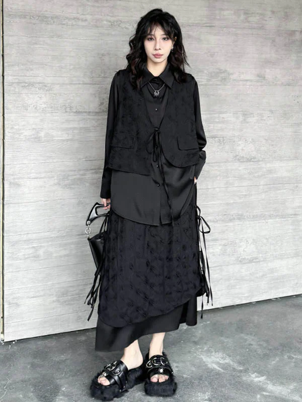 Solid Color Split-Joint Asymmetric Drawstring Flower Print   False Two Lapel Buttoned Pockets Blouses&Shirts Tops + Elasticated Waist Double Layered Skirts Bottoms Two Pieces Set - Image 3