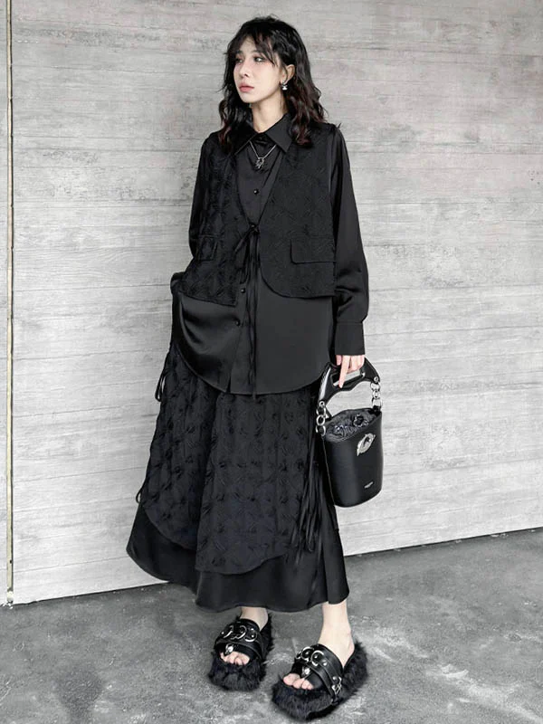 Solid Color Split-Joint Asymmetric Drawstring Flower Print   False Two Lapel Buttoned Pockets Blouses&Shirts Tops + Elasticated Waist Double Layered Skirts Bottoms Two Pieces Set - Image 4