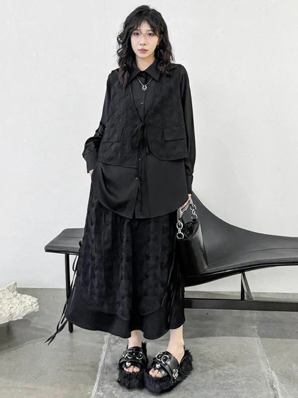 Solid Color Split-Joint Asymmetric Drawstring Flower Print   False Two Lapel Buttoned Pockets Blouses&Shirts Tops + Elasticated Waist Double Layered Skirts Bottoms Two Pieces Set - Image 5