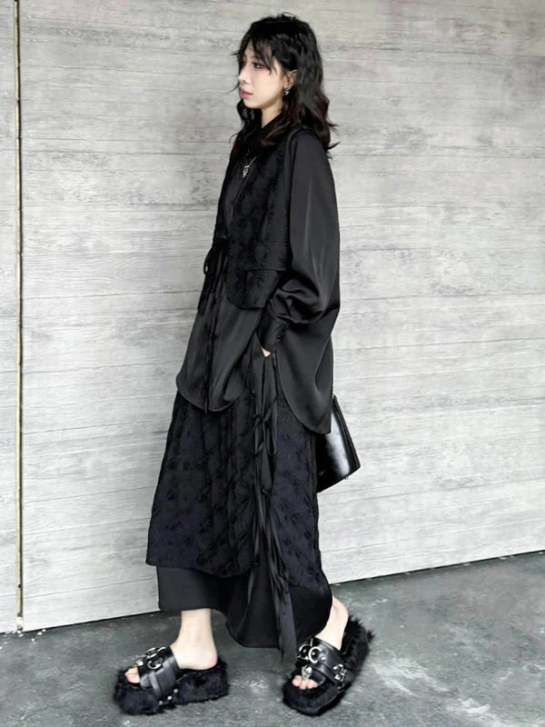 Solid Color Split-Joint Asymmetric Drawstring Flower Print   False Two Lapel Buttoned Pockets Blouses&Shirts Tops + Elasticated Waist Double Layered Skirts Bottoms Two Pieces Set - Image 6