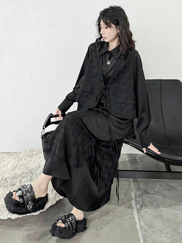 Solid Color Split-Joint Asymmetric Drawstring Flower Print   False Two Lapel Buttoned Pockets Blouses&Shirts Tops + Elasticated Waist Double Layered Skirts Bottoms Two Pieces Set - Image 7