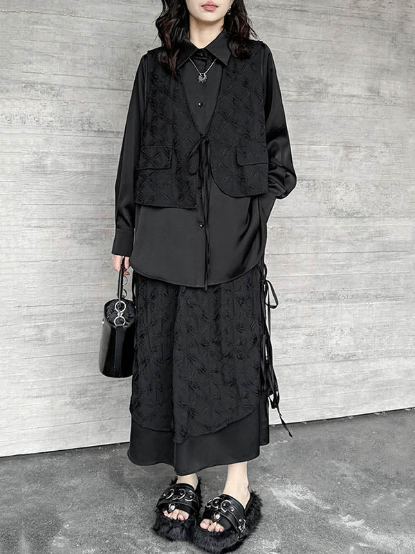 Solid Color Split-Joint Asymmetric Drawstring Flower Print   False Two Lapel Buttoned Pockets Blouses&Shirts Tops + Elasticated Waist Double Layered Skirts Bottoms Two Pieces Set - Image 8