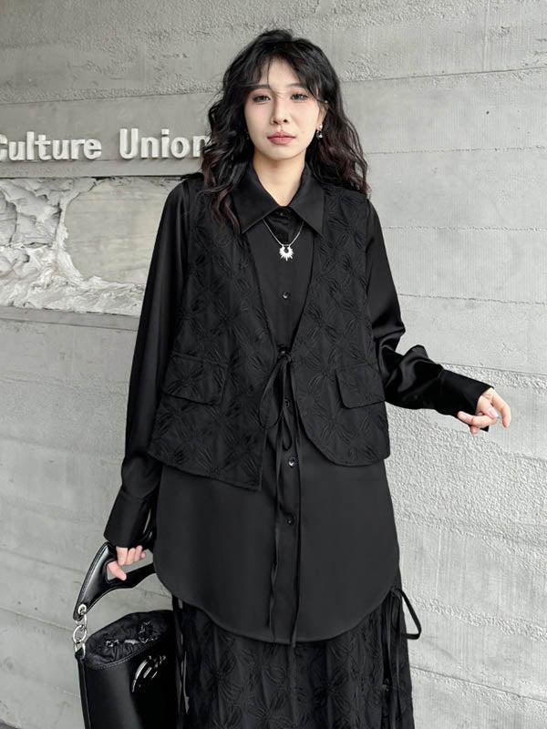 Solid Color Split-Joint Asymmetric Drawstring Flower Print   False Two Lapel Buttoned Pockets Blouses&Shirts Tops + Elasticated Waist Double Layered Skirts Bottoms Two Pieces Set - Image 9