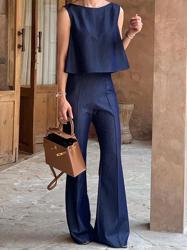 High Waisted Loose Solid Color Split-Joint Jean Pants Bottoms - Image 2