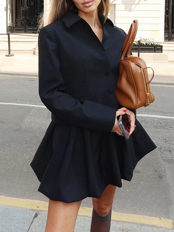 Solid Color Split-Joint Lapel Long Sleeves Blazer Suits + Pleated Mini Skirts Two Pieces Set - Image 5