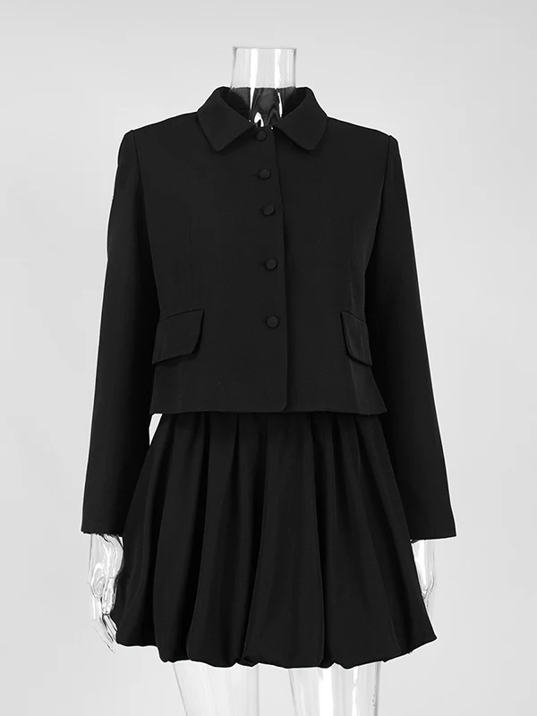 Solid Color Split-Joint Lapel Long Sleeves Blazer Suits + Pleated Mini Skirts Two Pieces Set - Image 7