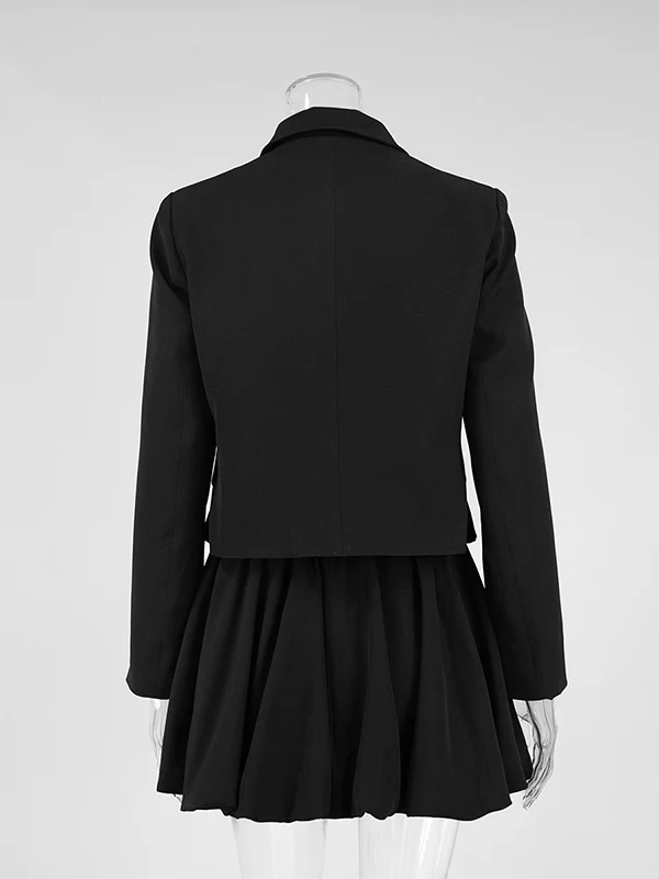 Solid Color Split-Joint Lapel Long Sleeves Blazer Suits + Pleated Mini Skirts Two Pieces Set - Image 8