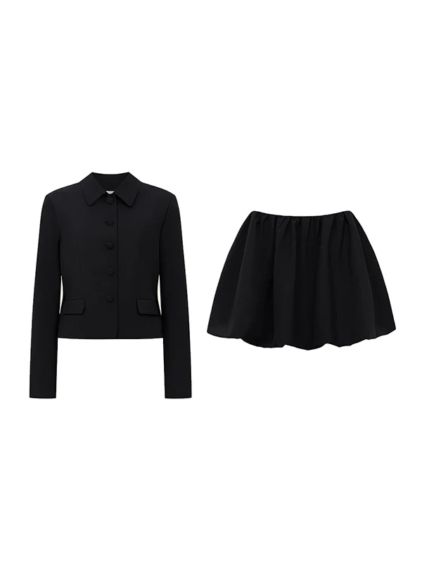 Solid Color Split-Joint Lapel Long Sleeves Blazer Suits + Pleated Mini Skirts Two Pieces Set - Image 9