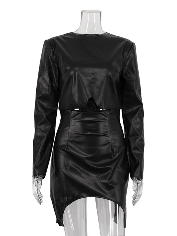 Solid Color Split-Joint Round-Neck T-Shirt Top + Zipper Bodycon High Waisted Skirts Bottom Two Pieces Set - Image 5