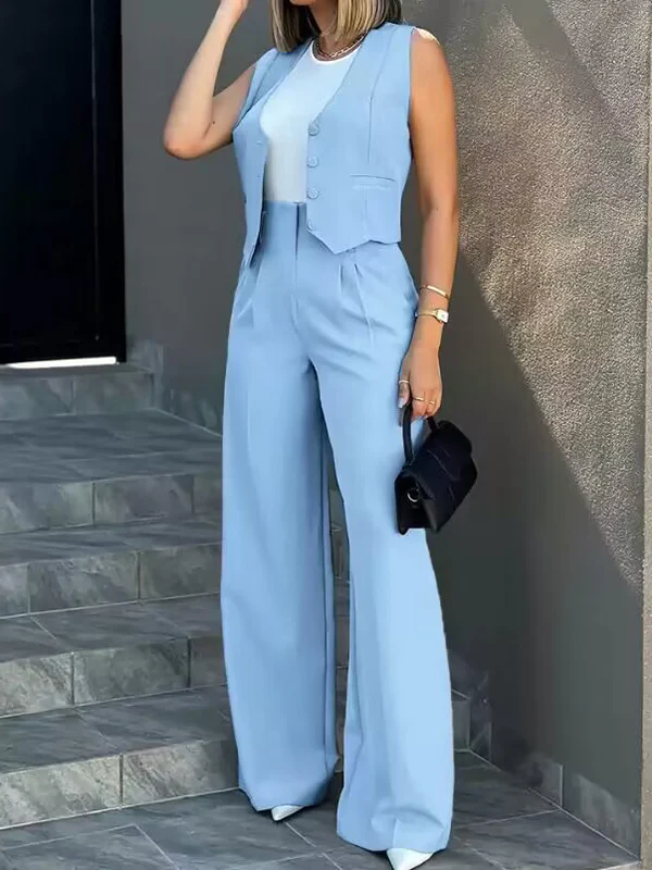 Solid Color Split-Joint Sleeveless Vest Jacket + High Waisted Pleated Suit Pants Trousers Two Pieces Set - Image 12