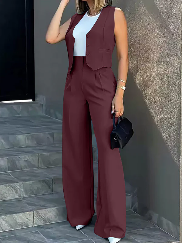 Solid Color Split-Joint Sleeveless Vest Jacket + High Waisted Pleated Suit Pants Trousers Two Pieces Set - Image 13