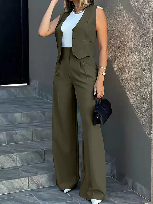 Solid Color Split-Joint Sleeveless Vest Jacket + High Waisted Pleated Suit Pants Trousers Two Pieces Set - Image 14