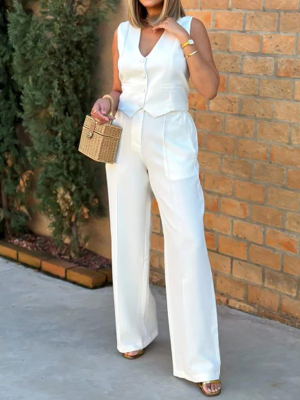 Solid Color Split-Joint Sleeveless Vest Jacket + High Waisted Pleated Suit Pants Trousers Two Pieces Set - Image 3