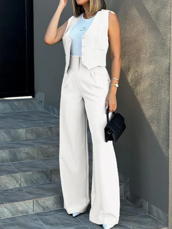 Solid Color Split-Joint Sleeveless Vest Jacket + High Waisted Pleated Suit Pants Trousers Two Pieces Set - Image 4