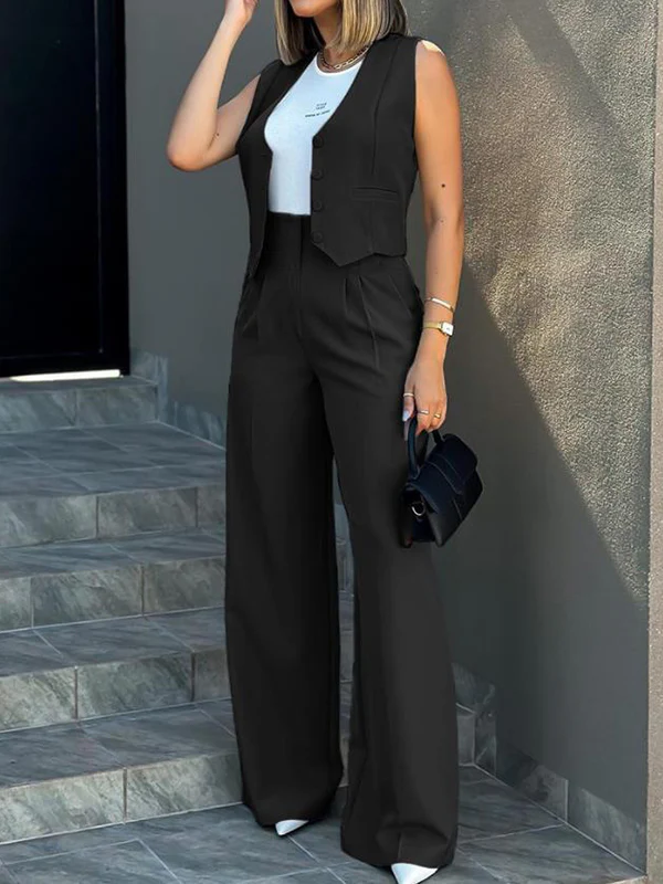 Solid Color Split-Joint Sleeveless Vest Jacket + High Waisted Pleated Suit Pants Trousers Two Pieces Set - Image 6
