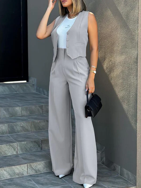 Solid Color Split-Joint Sleeveless Vest Jacket + High Waisted Pleated Suit Pants Trousers Two Pieces Set - Image 9