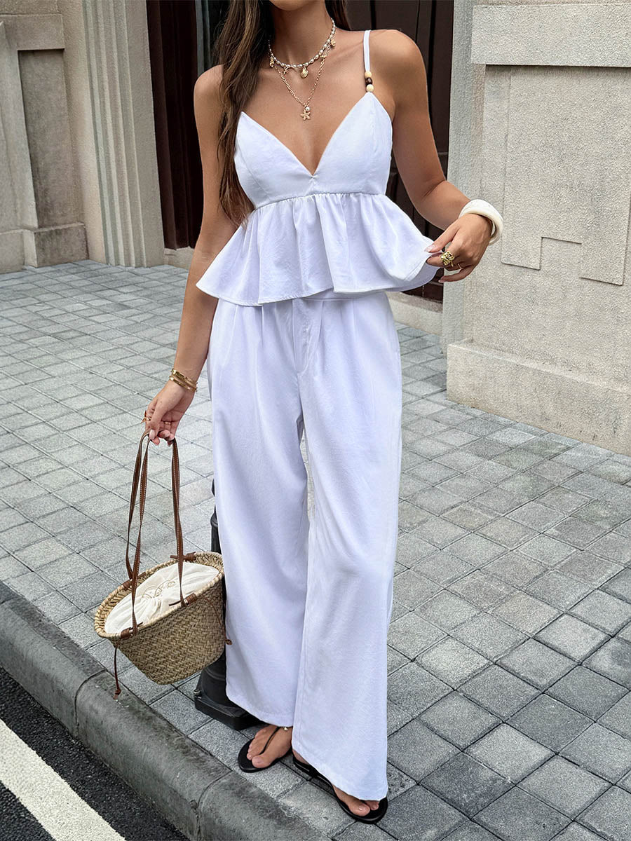 Solid Color Split-Joint Spaghetti-Neck Elasticated Waist High Waisted Pleated Ruffled Blouses&Shirts Tops +  Pockets Pants Two Pieces Set - Image 3