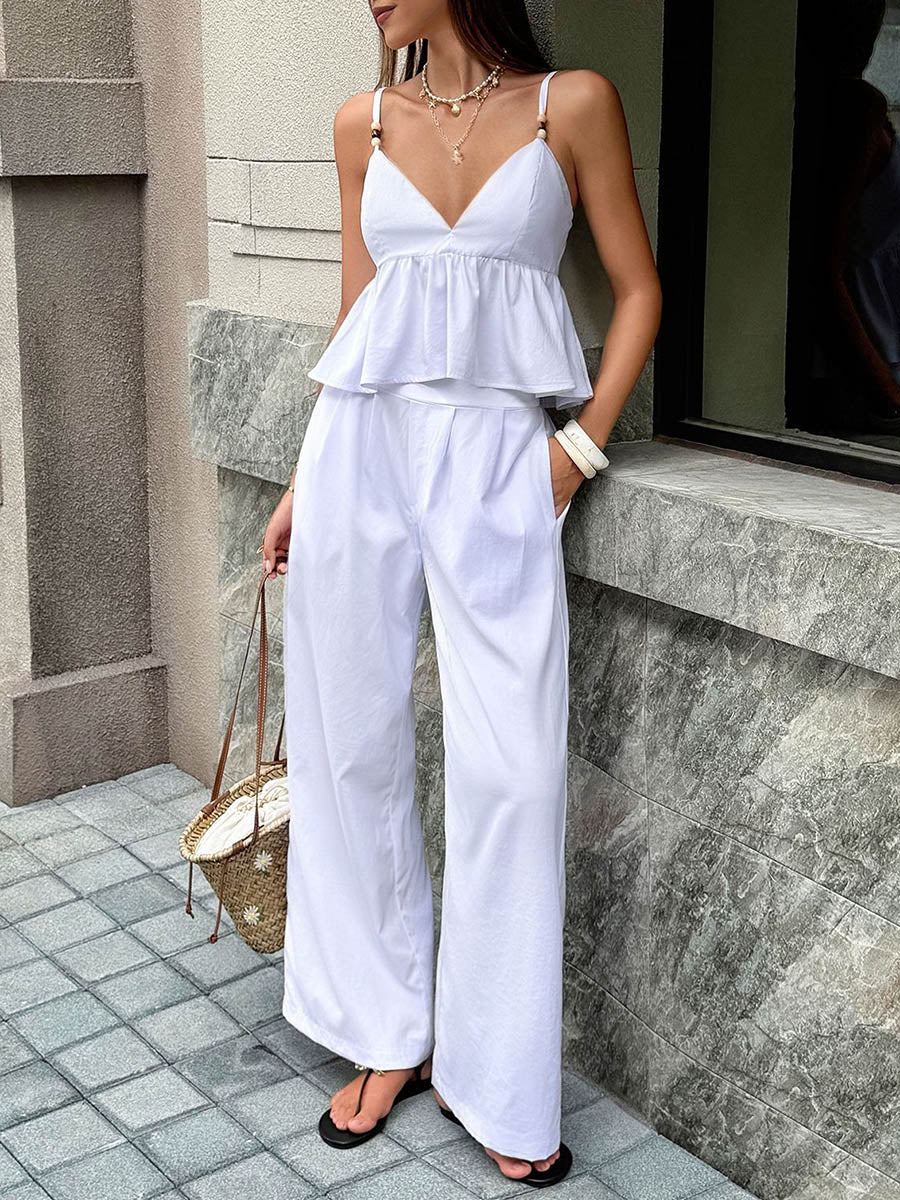 Solid Color Split-Joint Spaghetti-Neck Elasticated Waist High Waisted Pleated Ruffled Blouses&Shirts Tops +  Pockets Pants Two Pieces Set - Image 4