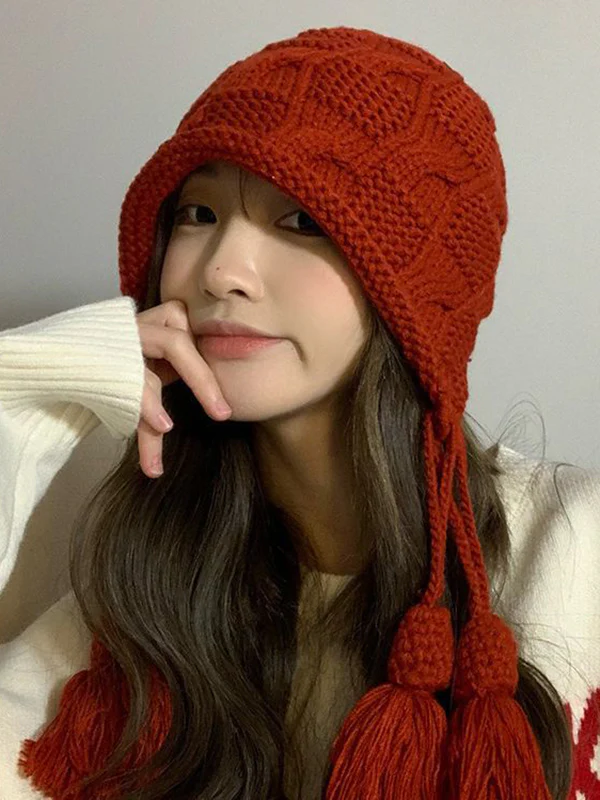 Solid Color Split-Joint Tasseled Knitted Hats - Image 2