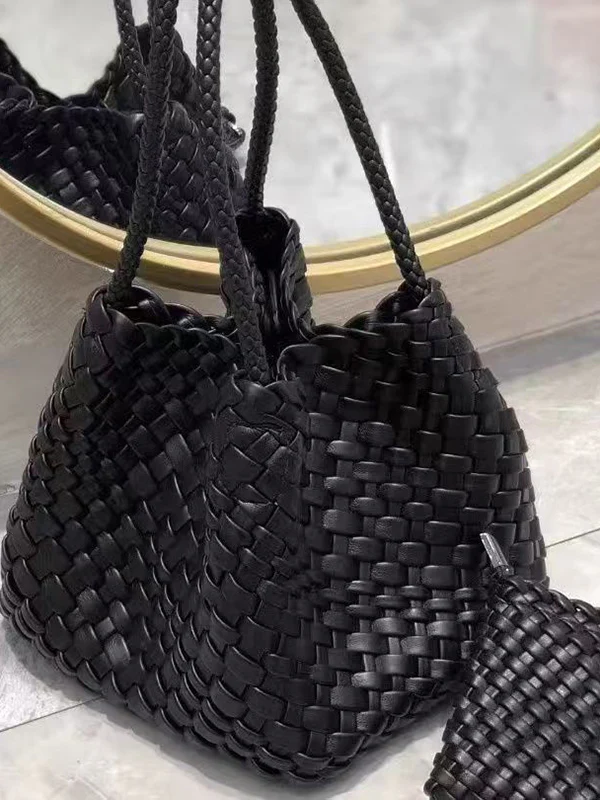 Solid Color Split-Joint Woven Bags Handbags - Image 10