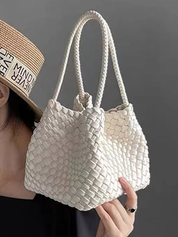 Solid Color Split-Joint Woven Bags Handbags - Image 2
