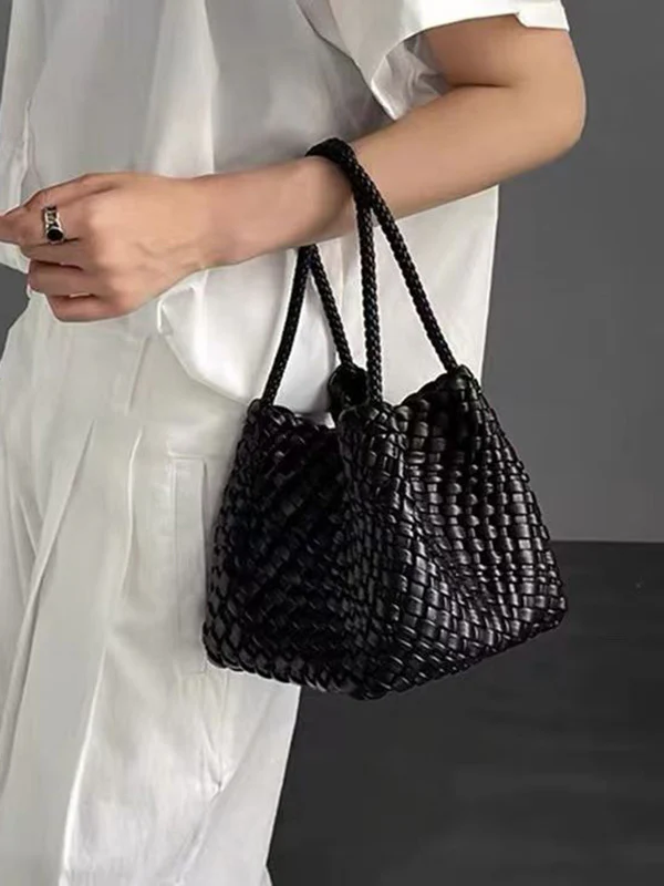 Solid Color Split-Joint Woven Bags Handbags - Image 3