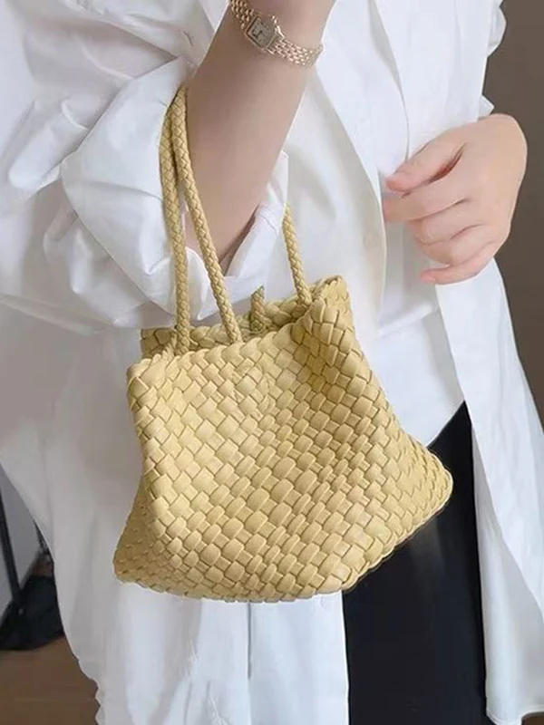 Solid Color Split-Joint Woven Bags Handbags - Image 4